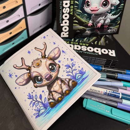 Coloring in progress — robot creature page from Robosaurus and His Friends (ages 4–8) with markers | MATI Publishing