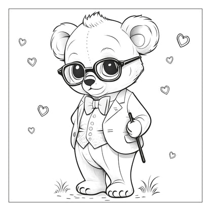 Bear with glasses and bow tie — line art coloring page from Stylish Animals (ages 4–8) | MATI Publishing