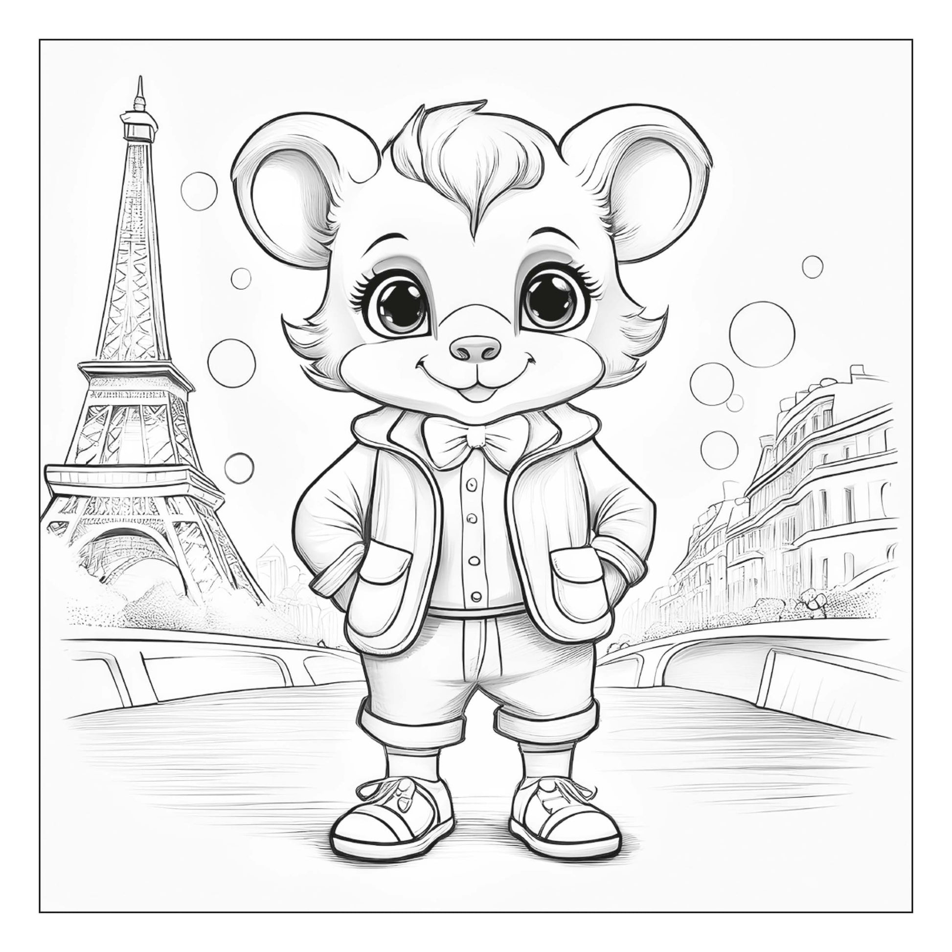 Bear in a coat and a bow with an Eiffel tower on the background — line art coloring page from Stylish Animals (ages 4–8) | MATI Publishing