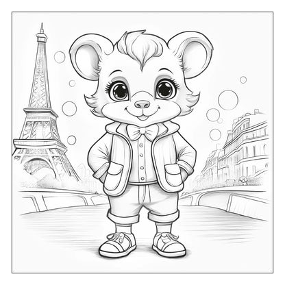 Bear in a coat and a bow with an Eiffel tower on the background — line art coloring page from Stylish Animals (ages 4–8) | MATI Publishing