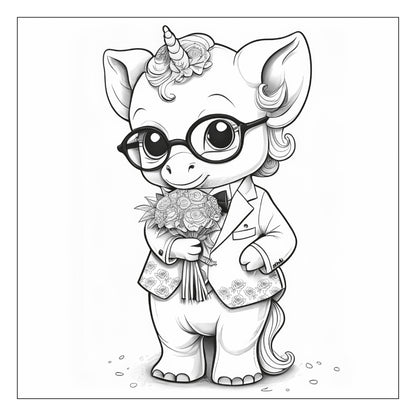 Unicorn in elegant jacket and flowers — line art coloring page from Stylish Animals (ages 4–8) | MATI Publishing